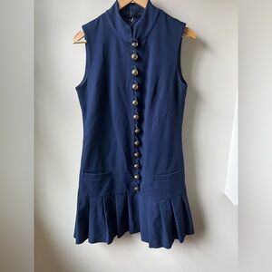 ELIZABETH MCKAY Piper Dress Italian Ponte Navy Blue Pleated‎ Lined Stretch 6